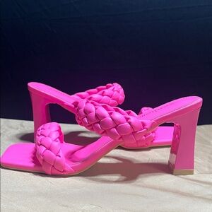 Hot Pink Braided Double-Strap Block Heel Sandals